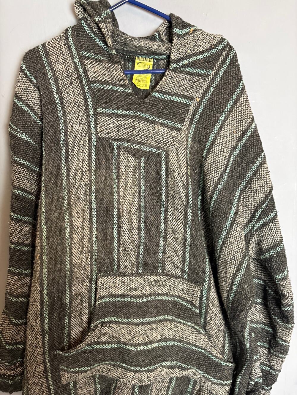 Franks Gray Beige Striped Baja Hoodie Mexican Poncho Pullover 3XL